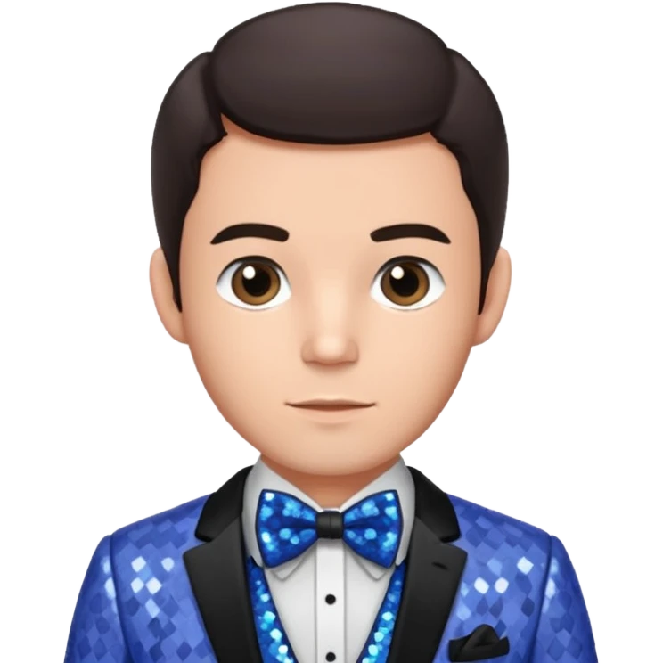 Jonathan Bailey with dark brown hair, perwinkle sequin suit with bow tie emoji