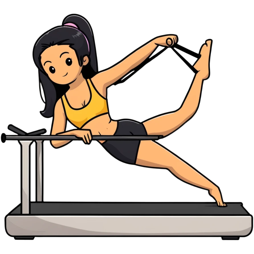 woman with bra, tanned long black hair, doing Pilates reformer emoji