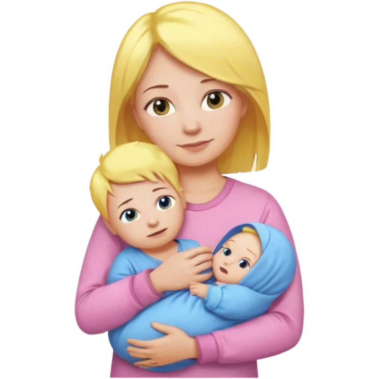 mother with yellow hair and pink shirt holding baby in blue pajamas, emoji style emoji