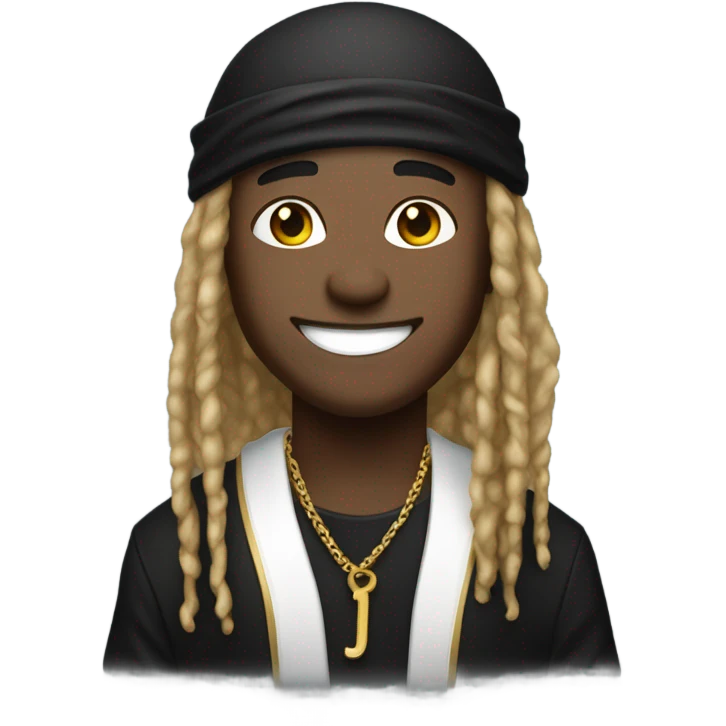 Kai Cenat with dreadlocks with durag on and a big smile wearing black shirt and gold chain emoji