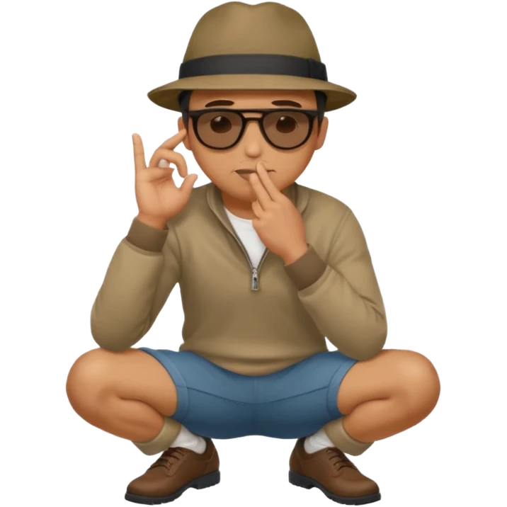 A man squatting down and holdig his hand flat a bit above the ground, like your pettig the air and while holding his finger to his mouth emoji