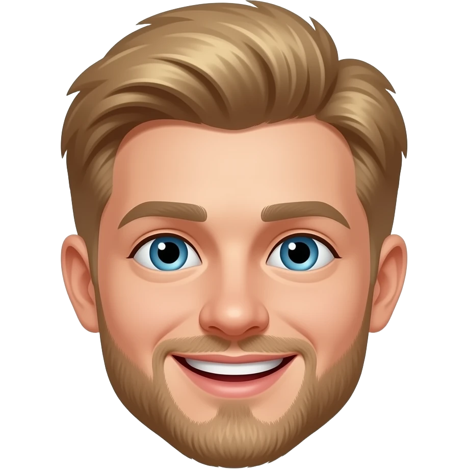 My boyfriend is norwegian. He is blond with a touch of dark over it. He has a kind of round but markedly face. He has a boys nose. He has crystal BLUE eyes. He has a trimmed beard. Not long but you can see the beard. Make him smile with his eyes, he is laughing emoji