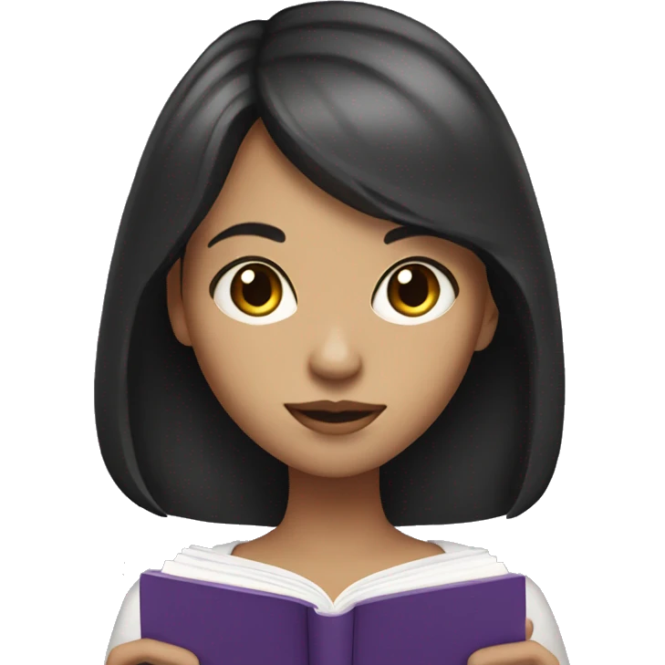 Girl with dark hair and light skin and bangs reading purple book emoji