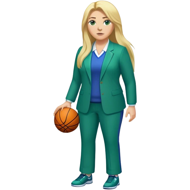 Full Body white plus size female basketball head coach with long blonde hair in a blue and green suit emoji