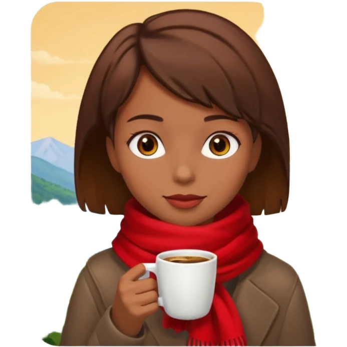 a girl with brown short hair, having red scarf, drink coffee, enjoy emoji