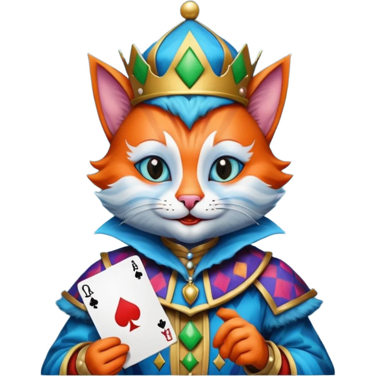 crazy colorful cute little cat jolly joker from poker, medieval, vintage, court jester, mac os icon, blue color, holds a poker card emoji