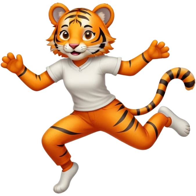 friendly anthropomorphised female tiger in a shirt and pants leaping, energetic pose emoji