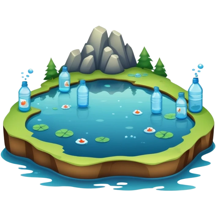 A cartoon lake with trash like water bottles in it emoji