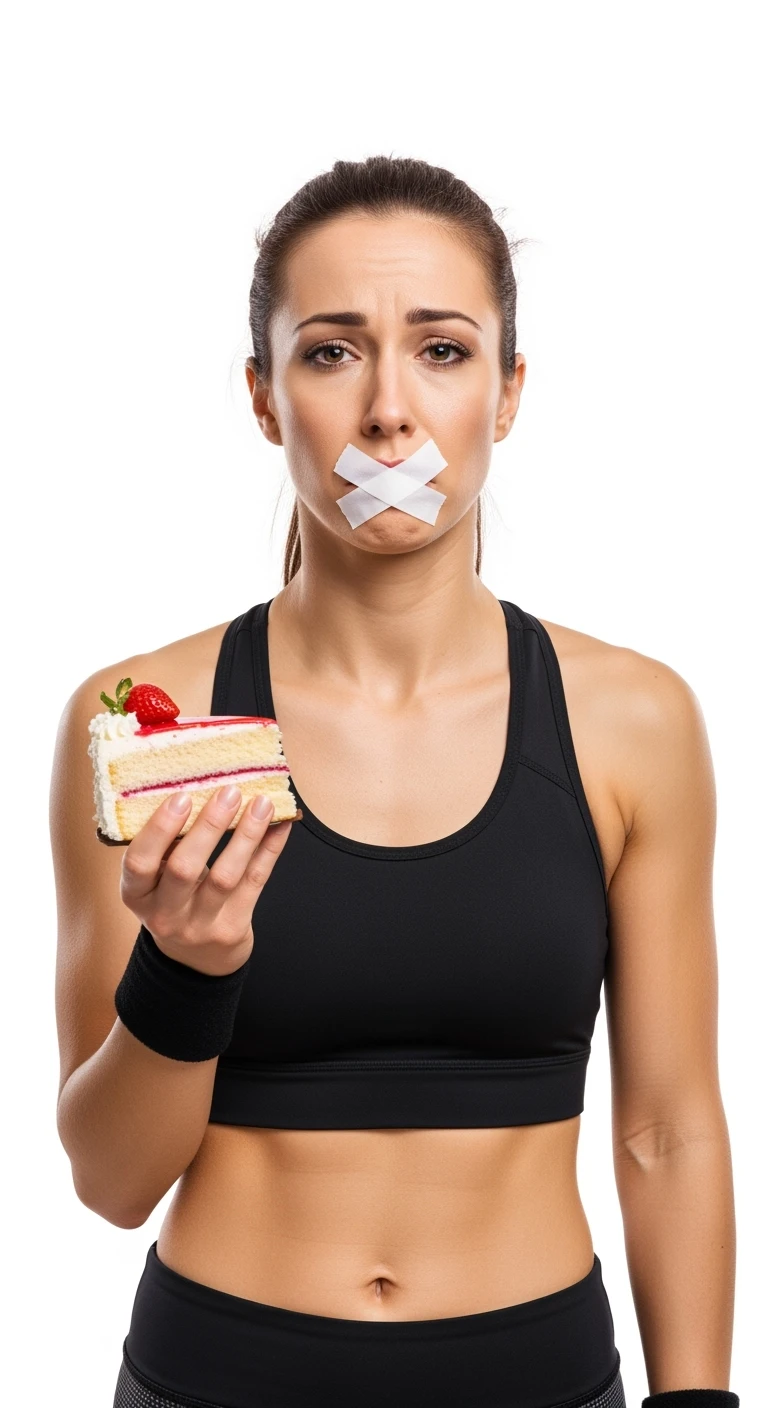 donna fitness con una fetta di torta in mano ed espressione molto triste e stanca, scotch a croce sulla bocca, sfondo bianco emoji
