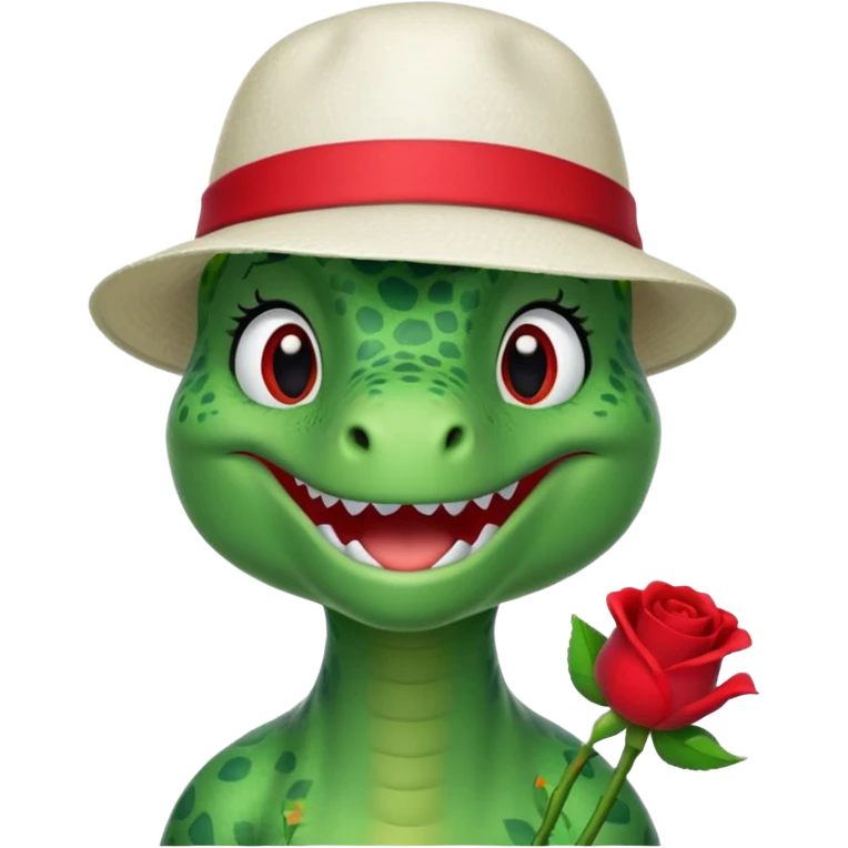 Dorothy the Dinosaur from The Wiggles with white hat with red rose, green skin emoji