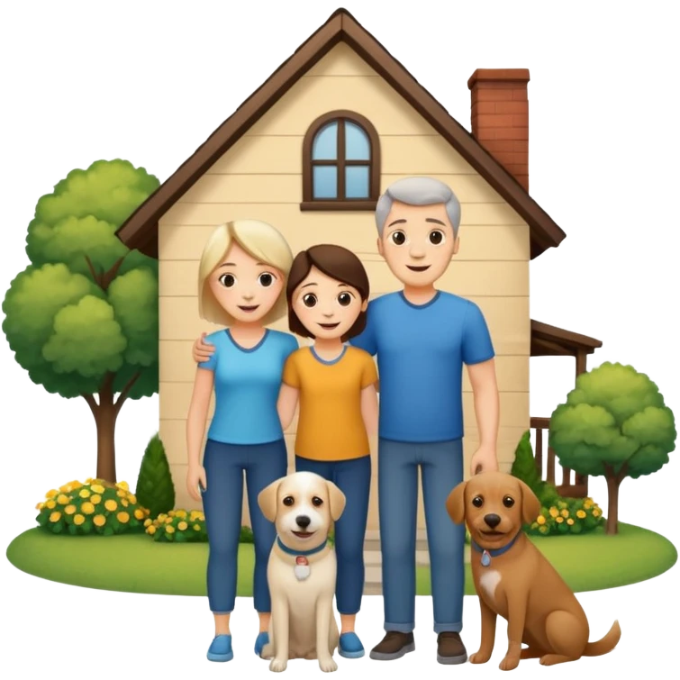 a mom and dad standing in front of a house with their son and a dog next to them emoji