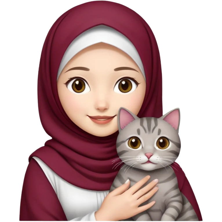 Asian White girl wearing maroon hijab wearing a white dress holding a black grey tabby cat while smiling.  emoji