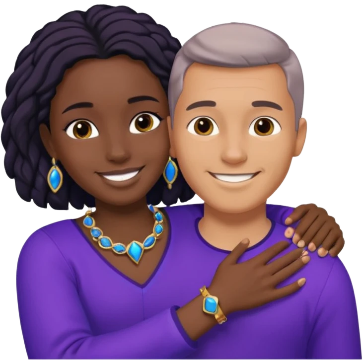 Tan European male wearing blue and smiling and hugging a jet black African girl in purple clothes with blue jewelry emoji