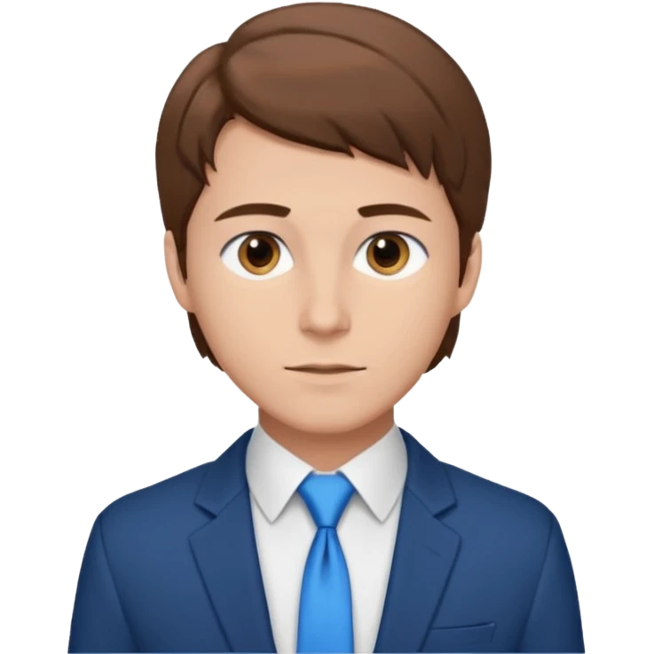 un homme type caucasien brun plutôt jeune avec des jolies traits avec une chemise blanche et une veste a manche longues et cravate bleu il a les yeux marron emoji