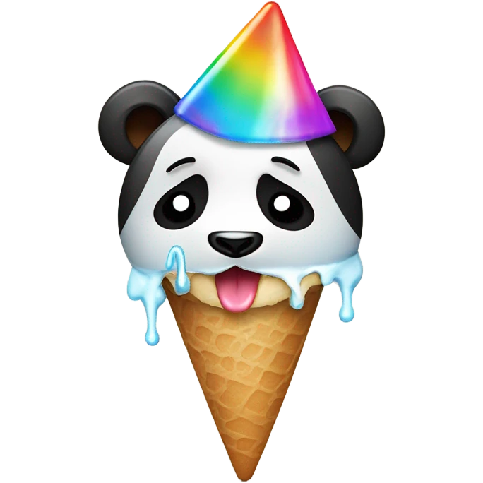 Panda crying wearing a party hat while eating ice cream emoji
