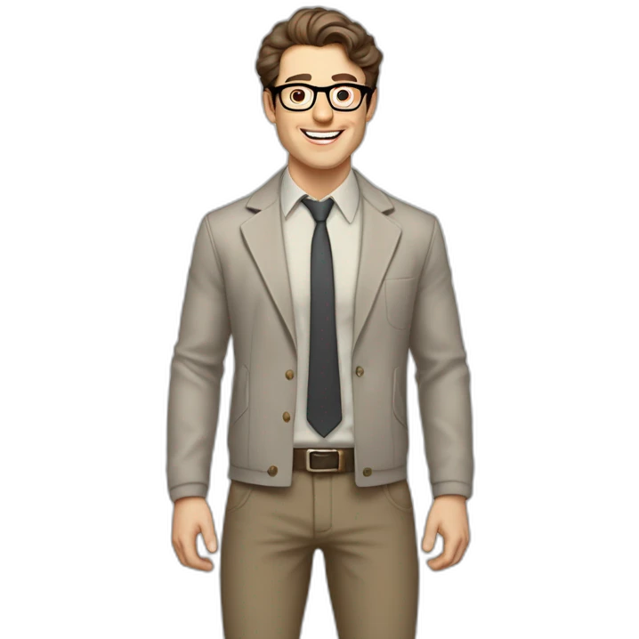 Joyful Pale skinned Fit Man With dark brown hair in gray jacket, beige office shirt, Brown pants and vintage glasses. His thrumbs up emoji