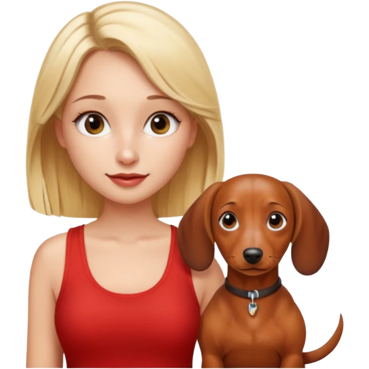 blonde girl with lashes and red tank top on and a brown and white dachshund  emoji