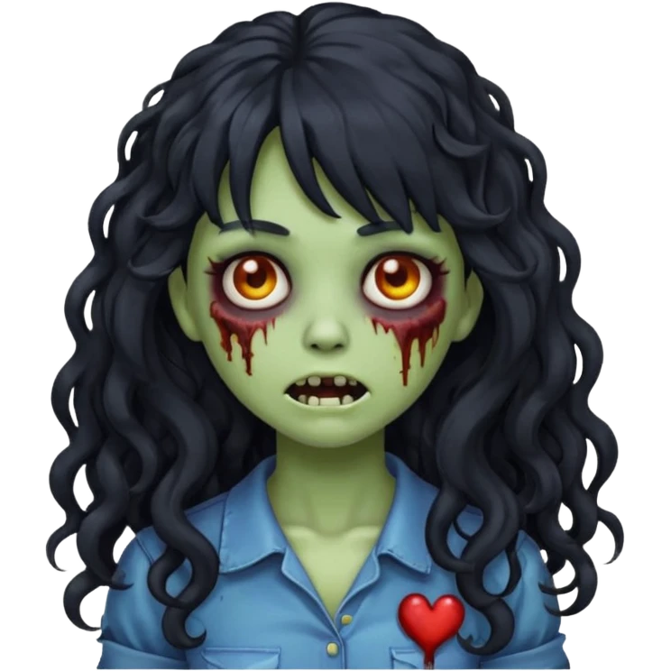 Emoji garota zombie com cabelo preto cacheado longo com franja emoji