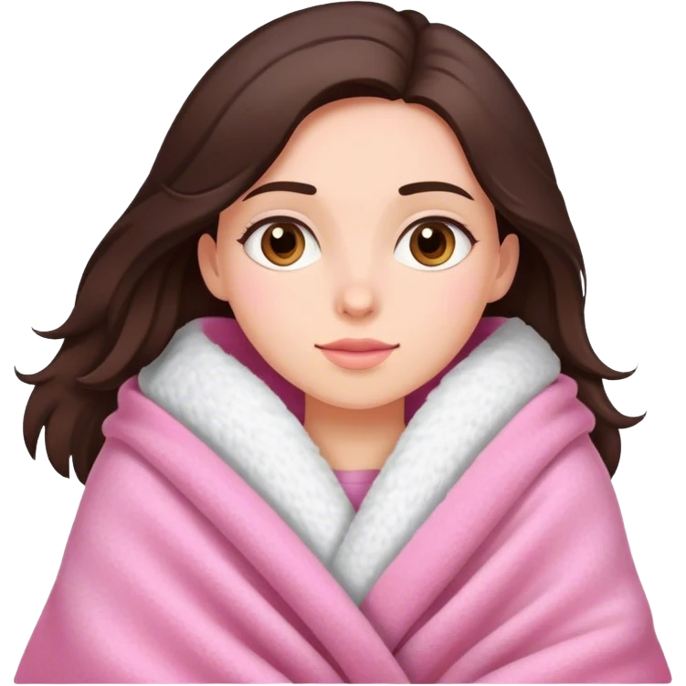 A brunette girl with a pink big cozy blanket emoji