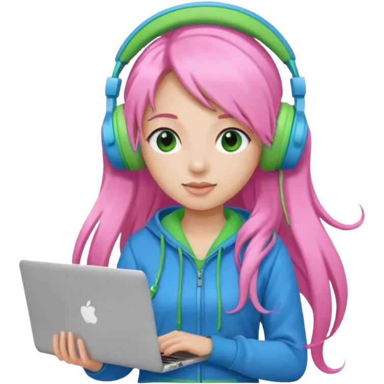 Create an emoji of a woman with long pink twin-tail hair. She is a game streamer, wearing green headphones, holding a MacBook, and dressed in a blue outfit. emoji