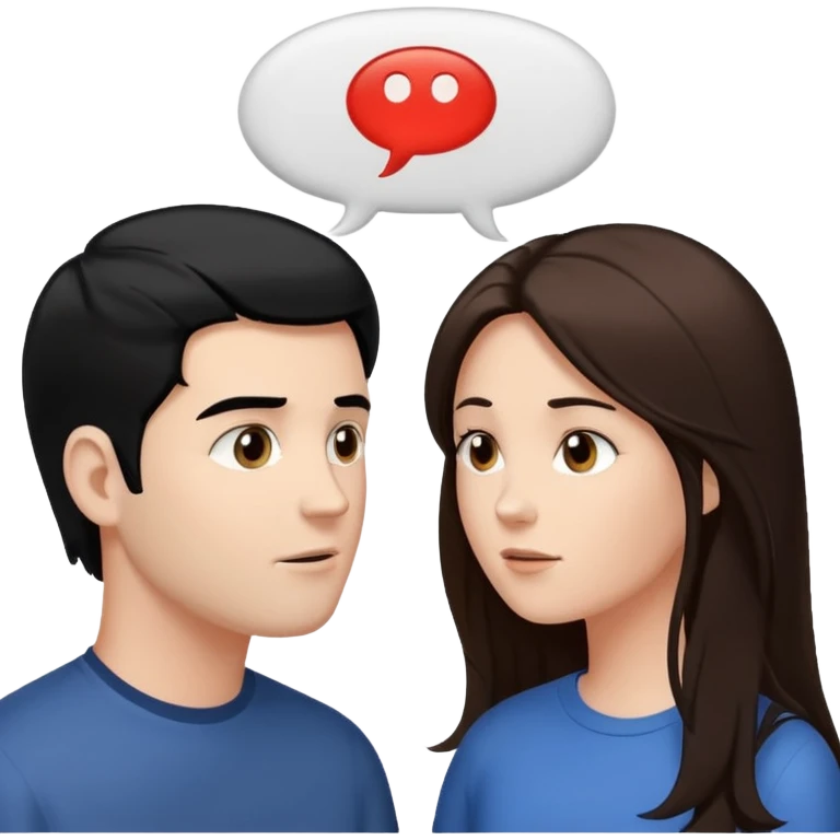 a person chatting up another person, one white male with black hair, one white woman facing each other talking with strictly white speech bubbles above their head,  emoji