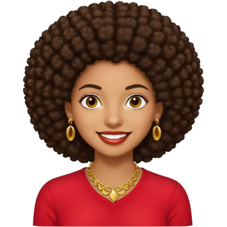 Brownskin girl dark brown hair afro brown eyes smiling red shirt gold esrrings gold necklace emoji