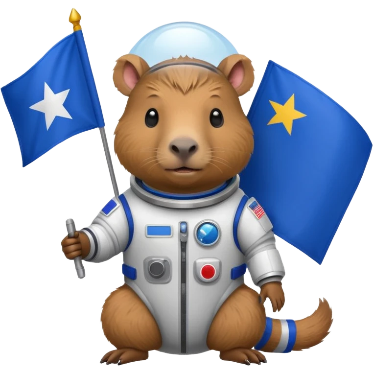 Capypara in space suit, holding blue rectangle flag emoji