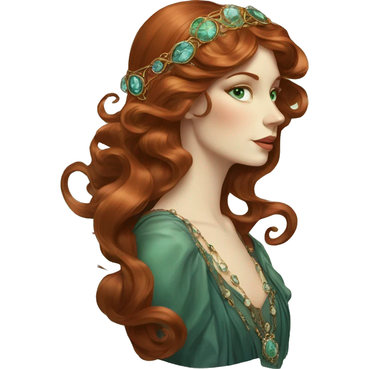 Art Nouveau lady with long swirling redbrown hair, bluegreen eyes, jewels emoji