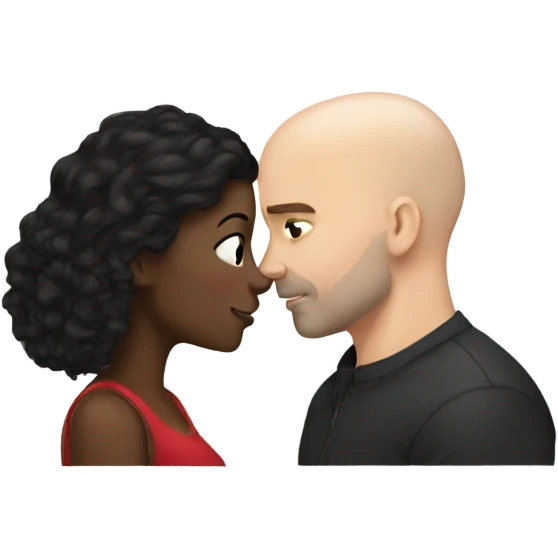 White girl dark hair kissing bald black man emoji