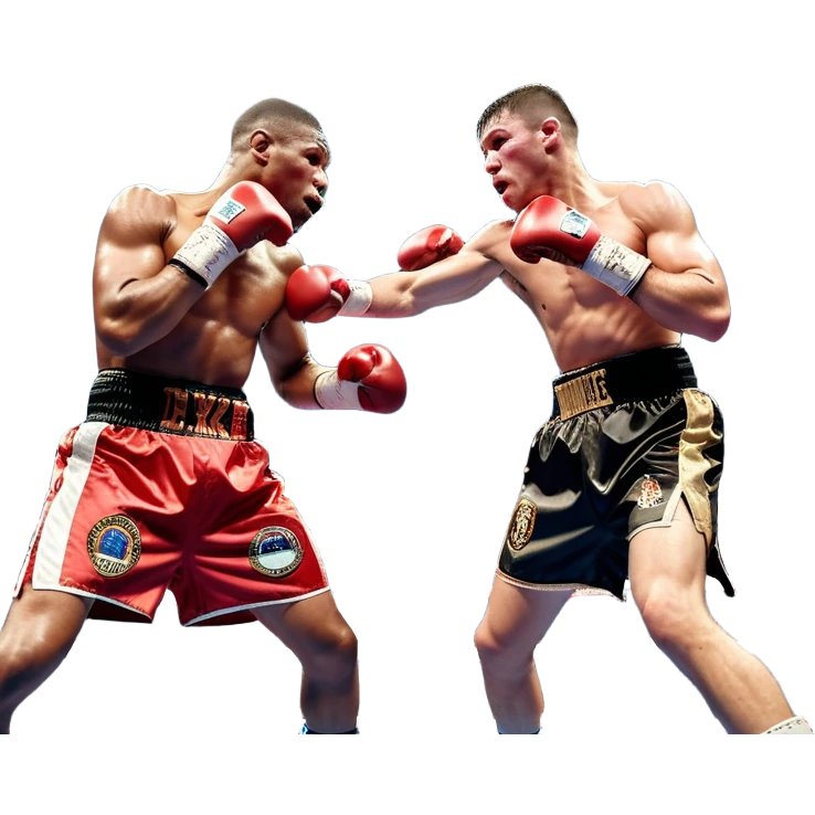  a high-stakes boxing match for the world championship title. Two professional boxers, wearing gloves and championship belts, exchange powerful punches in the center of the ring. The background features a packed arena with bright lights, a roaring crowd, and the championship banner hanging above.  emoji