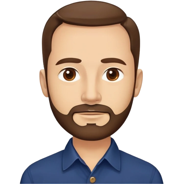 Man in his mid-50s with light skin tone. Round face with broad cheekbones. Lively brown eyes, prominent eyebrows. Full brown hair with minimal recession at temples. Brown beard covering jaw and chin. Slight smile. Wearing a navy button-down shirt. emoji