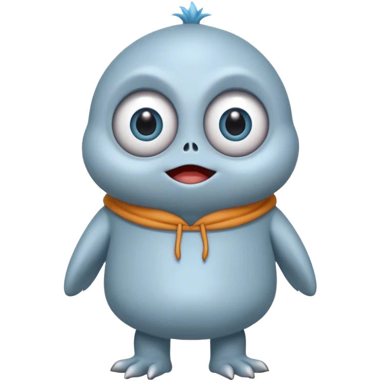 ..it has 1 eye....stands upright ...wears clothing. is light grey and light blue..looks happy and cuddly... doesnt have a full head.... there is a appendage coming out of top of body with a single large eye emoji