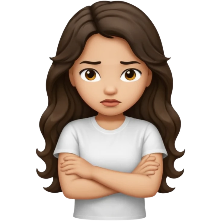 Hispanic light tan girl with long dark wavy hair with arms folded and pouting emoji