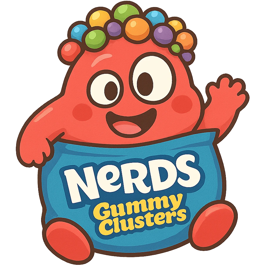 Nerds Gummy Clusters stylized as a cute mascot, bright colors, cartoon style emoji