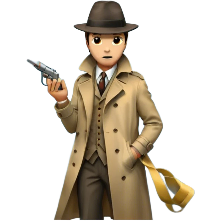 Vintage detective movie poster-style emoji. A classic noir scene with a detective in a trench coat and fedora,crime scene tape, and a smoking gun. A shadowy cityscape in the background with dim streetlights and fog. Dramatic lighting and a retro cinematic feel. Transparent background. emoji