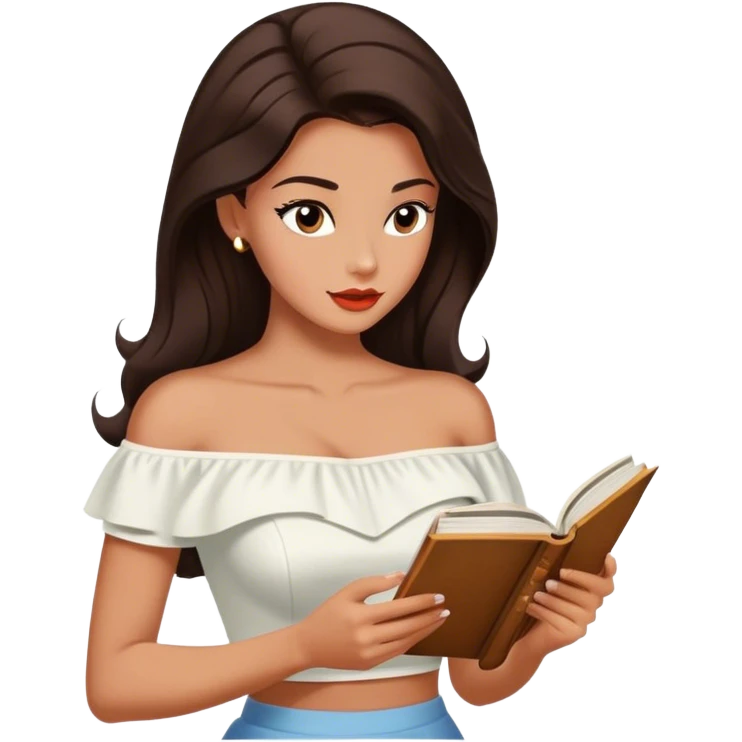 Beautiful woman in 1950’s woman fashion look, off-shoulder white shirts crop top, long dark brown hair, reading emoji