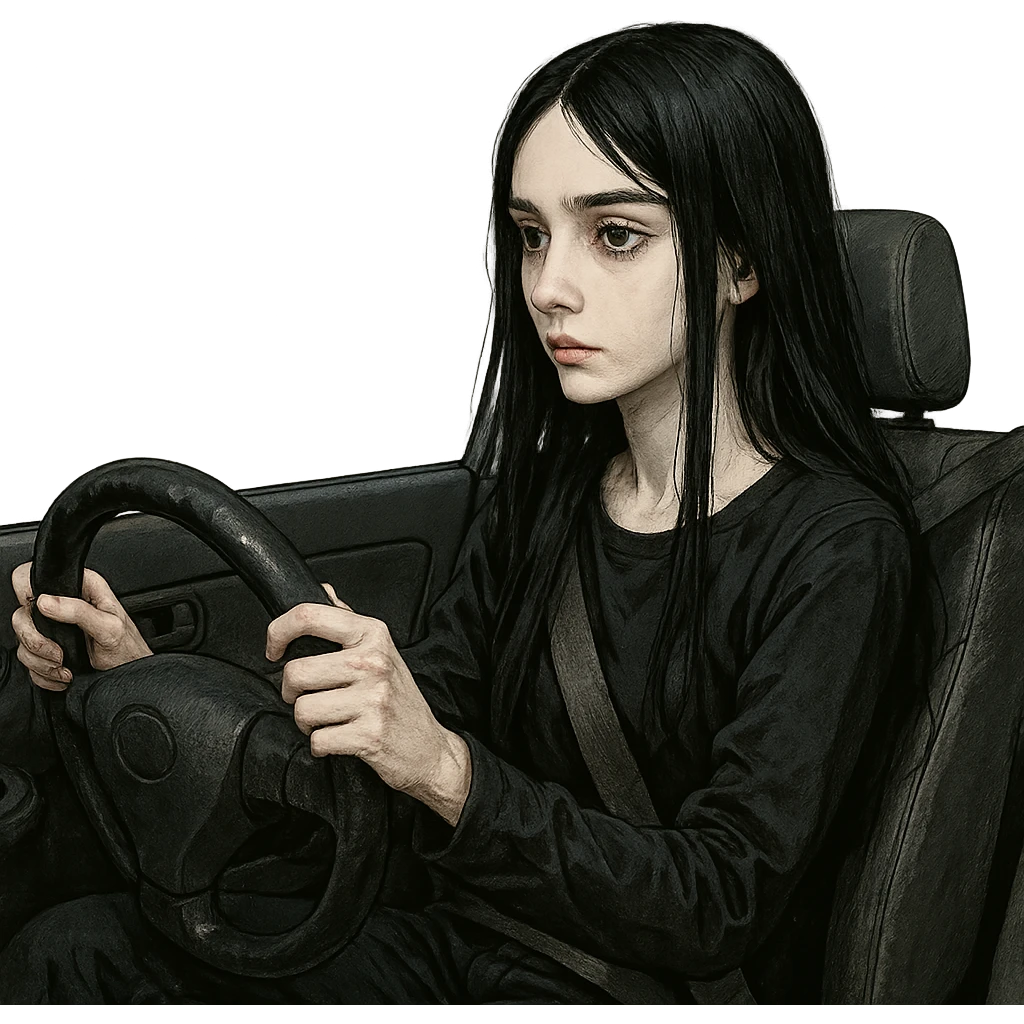 pale girl with long black hair in a car, driving, detailed character portrait emoji
