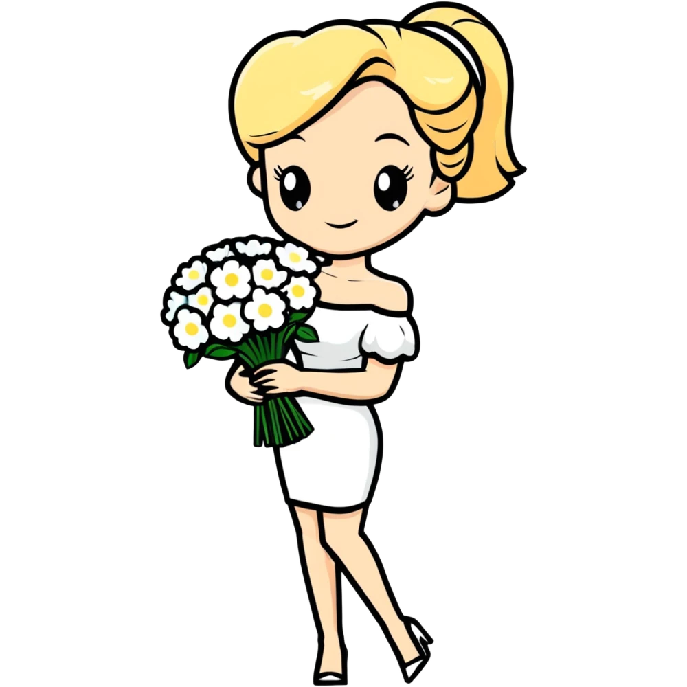 blonde woman in a white off-shoulder dress with a bouquet of white flowers in a white bag in her right hand emoji