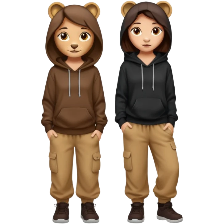 León tierno que sea mujer con pantalones guangos  y una sudadera negra con cabello suelto color castaño obscuro emoji