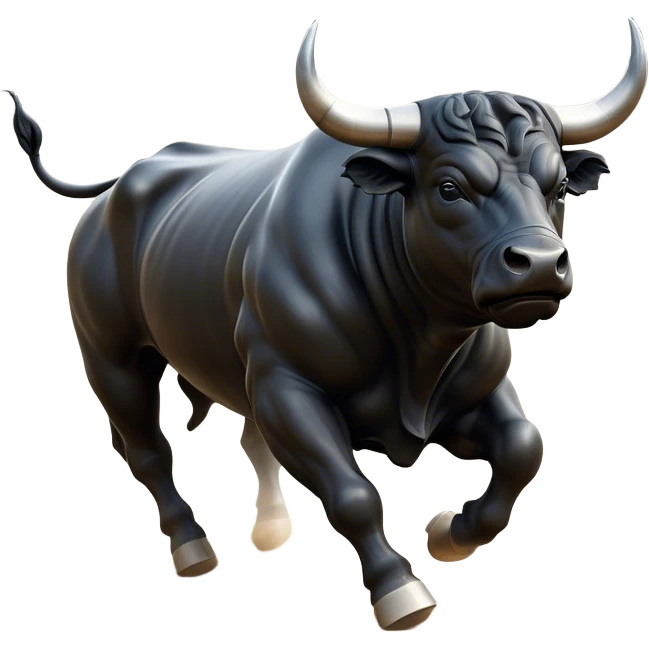 ​Cinematic Realistic Black Charging Bull, depicted in mid-charge with a powerful, muscular form and glossy black hide glistening under dynamic dramatic lighting, dust and motion captured mid-air to exude raw strength and unbridled energy on an expansive arena, emoji