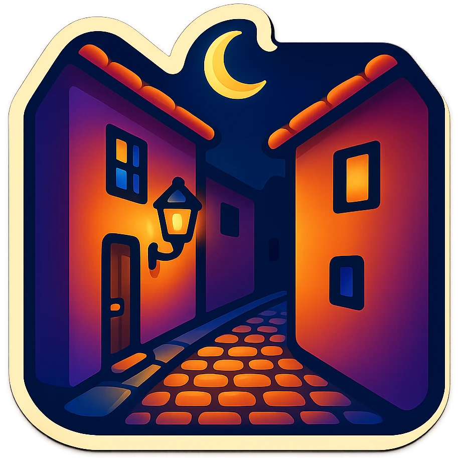 Simplify the background buildings in this dimly lit alley emoji while keeping the same retro stickers style and transparent background. emoji