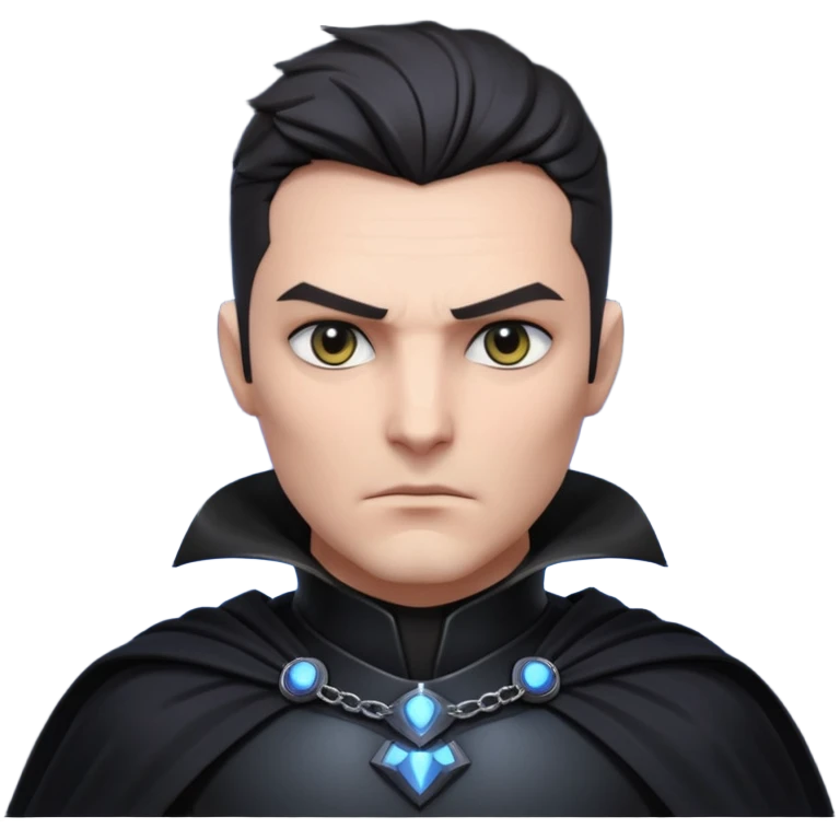 dark sci-fi villain portrait, head and shoulders only, black armor, cape collar, intense eyes, dramatic lighting, 3D cartoon, mobile game icon, clean background, no text
 emoji