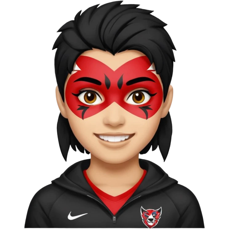 A black hair teen supporter with bold full-face paint, smiling with fierce team spirit. emoji