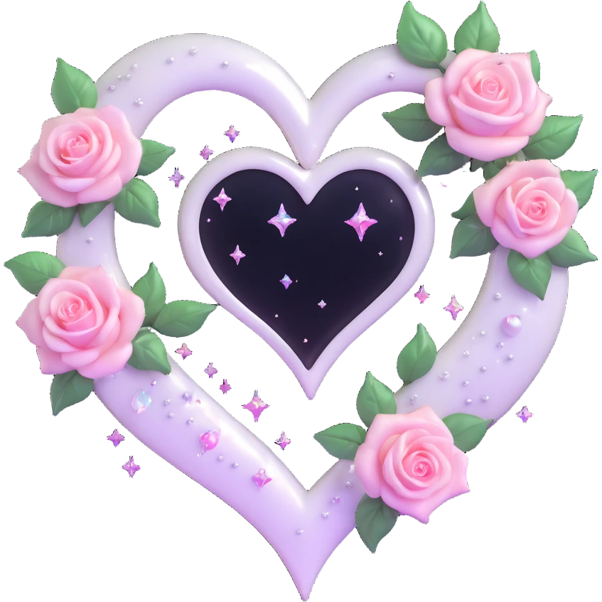 gothic heart made of pearl glass, silver crescent moon, glowing blush pink roses, holographic stardust, neon white lightning, drenched and splintered glass emoji
