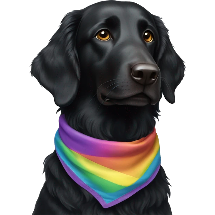 Black Flat coated retriever with small ears wearing rainbow bandana emoji