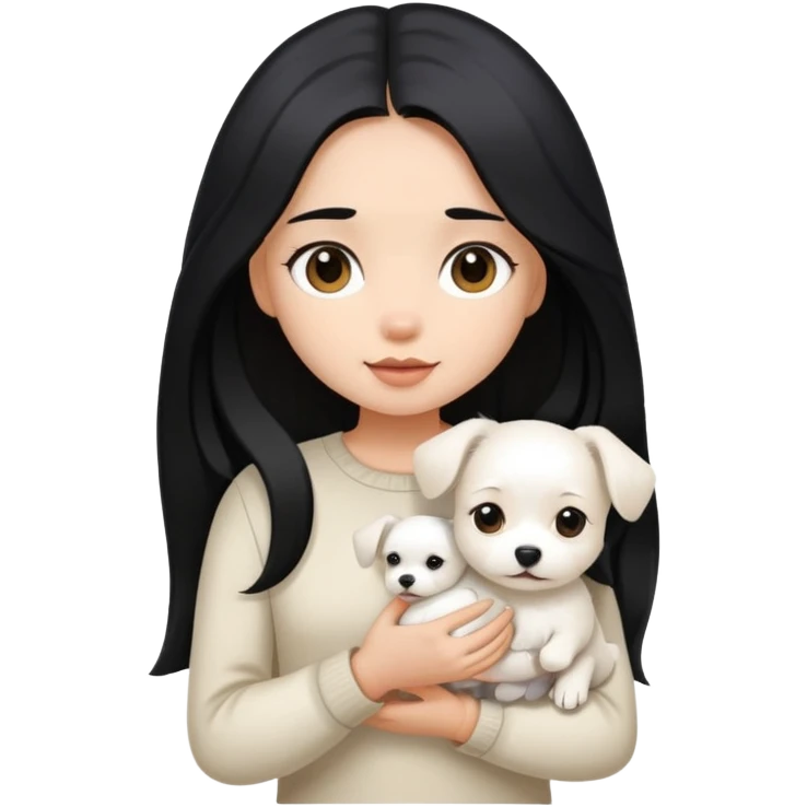 A girl with long black hair holding a little white dog emoji