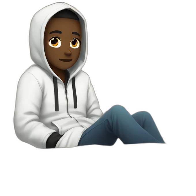 A black man without a face in a white jacket with a hood on lies on boxes in anime style emoji