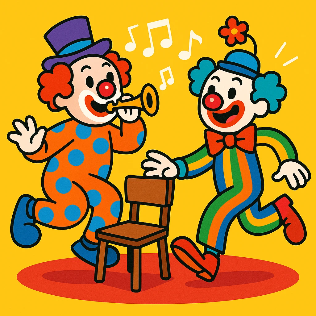 two clowns playing musical chairs, playful and colorful vibrant toon style emoji