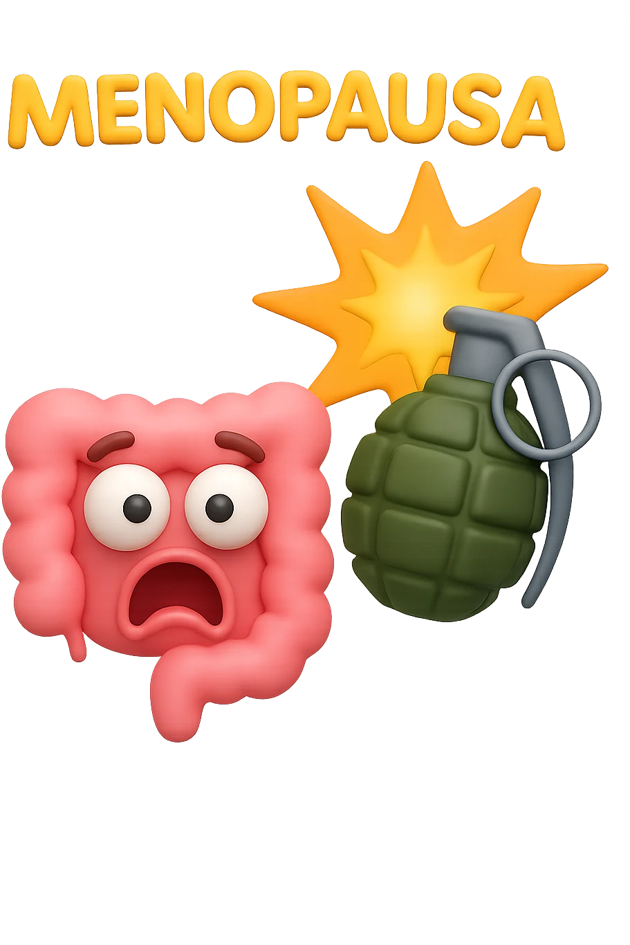 EMOJI STILE IPHONE 3D DI INTESTINO 3D CON ESPRESSIONE SCIOCCATA IN VOLTO MENTRE ACCANTO A LUI SCOPPIA UNA GRANATA 3D CON LA SCRITTA "MENOPAUSA" SOPRA, FAGLI ANCHE LA PARTE BIANCA DEGLI OCCHI, NON SOLO LA PUPILLA emoji