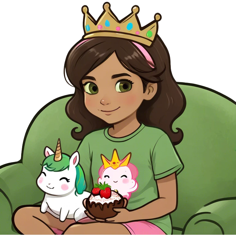 Uma menina morena com cabelo cacheado marrom de pijama senta no sofá vendo divertidamente 2 comendo pipoca e morango com chocolate  emoji